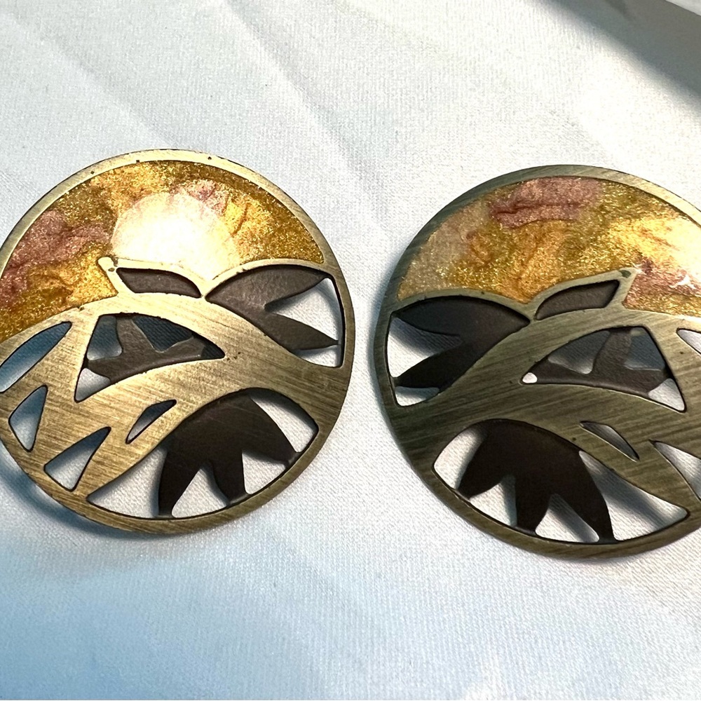 Edgar Berebi “Tree of Life” vintage 1980 Art Deco Enamel Post Earrings.